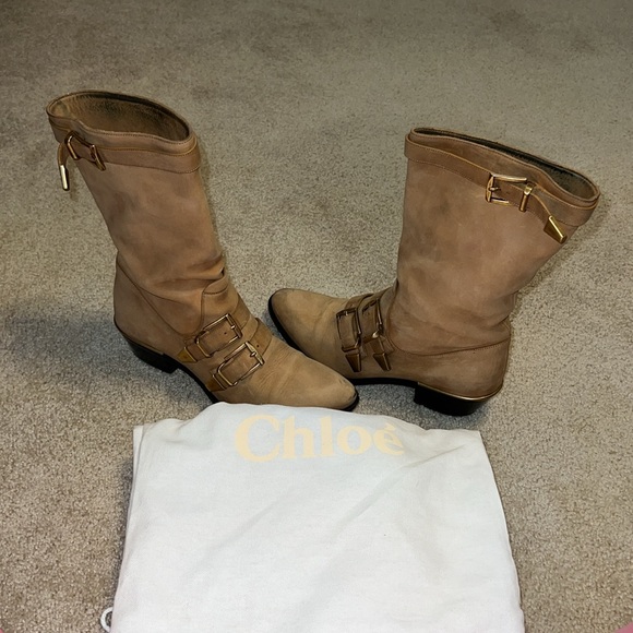 CHLOE Susanna Buckle Strap Mid Calf Boot Tan Brown Suede Low Heel EUR 37.5 - Picture 15 of 15